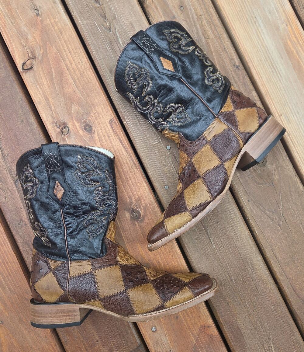 J.B. Dillon Patchwork Ostrich Cowboy Boots 13D Western Artisan Rodeo Statement